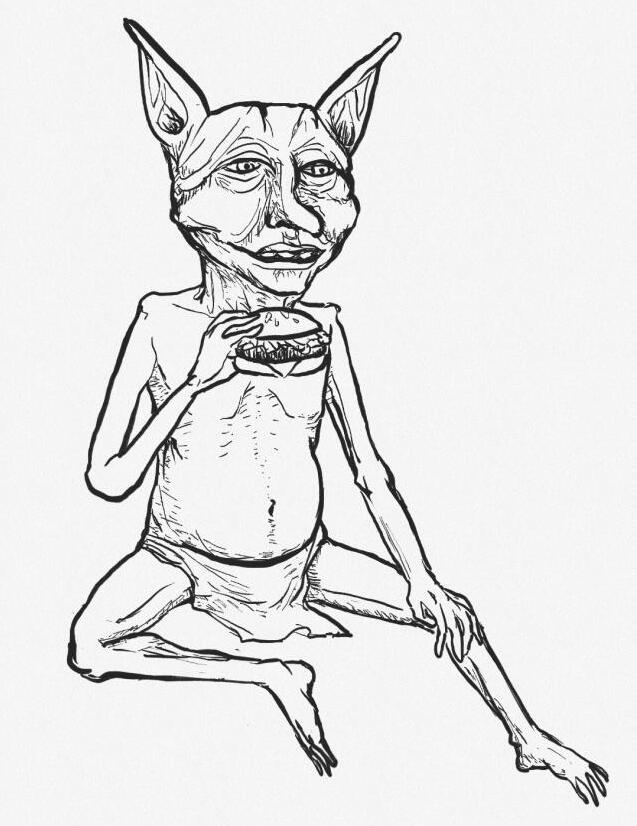 hungry goblin with a burger