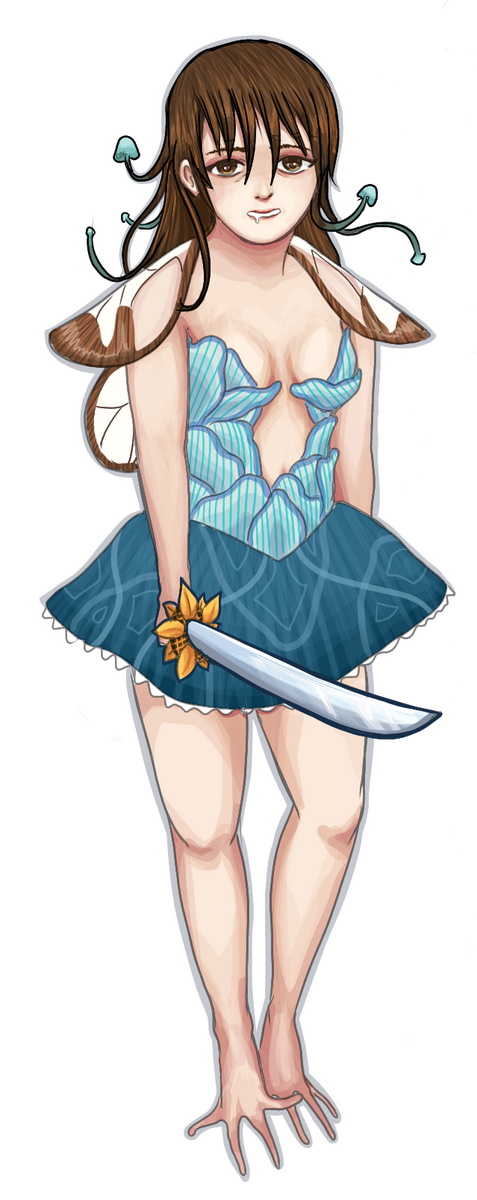 Art Union challenge to make a fairy based on personalised themes (evil, butterfly wings, sword-wielding, mushroom outfit).