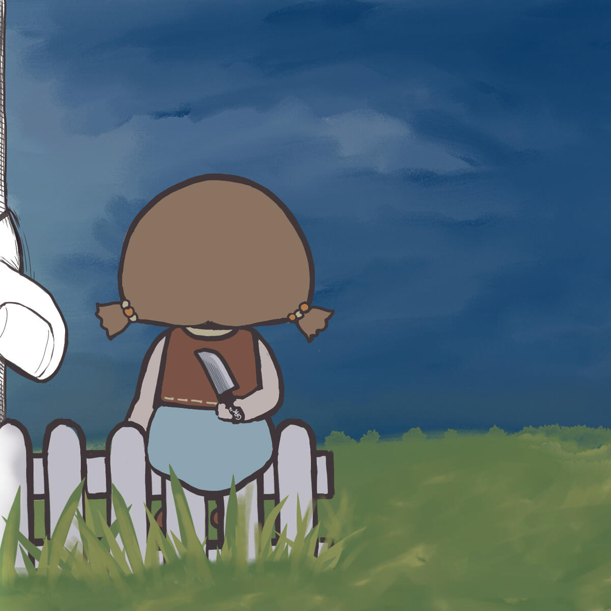 Illustration of Chu sitting on a white fence in a grass field with a darkened sky, holding a knife behind her back, back facing the viewer.