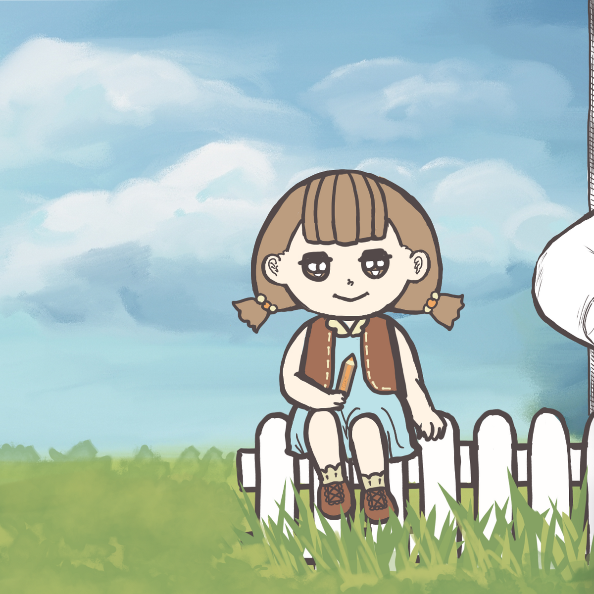 Illustration of Chu sitting on a white fence in a grass field in daytime, holding an orange colour pencil, smiling innocently while facing the viewer.
