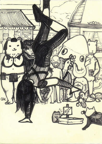 An adventurer and his frog busking for money (2022)