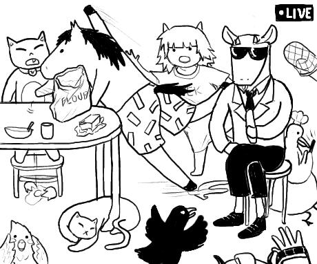A partial horse lineart as a template, turned into something that's not just a horse. Featuring AU members Catto, Ibib, Kek, Goatyr, Ducky, Saqurata, Pyoo (2022)