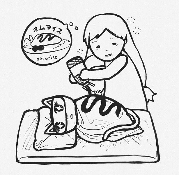 Chu is groggily squeezing ketchup onto Catto's blanket, thinking Catto in a blanket is the omelette on omurice.